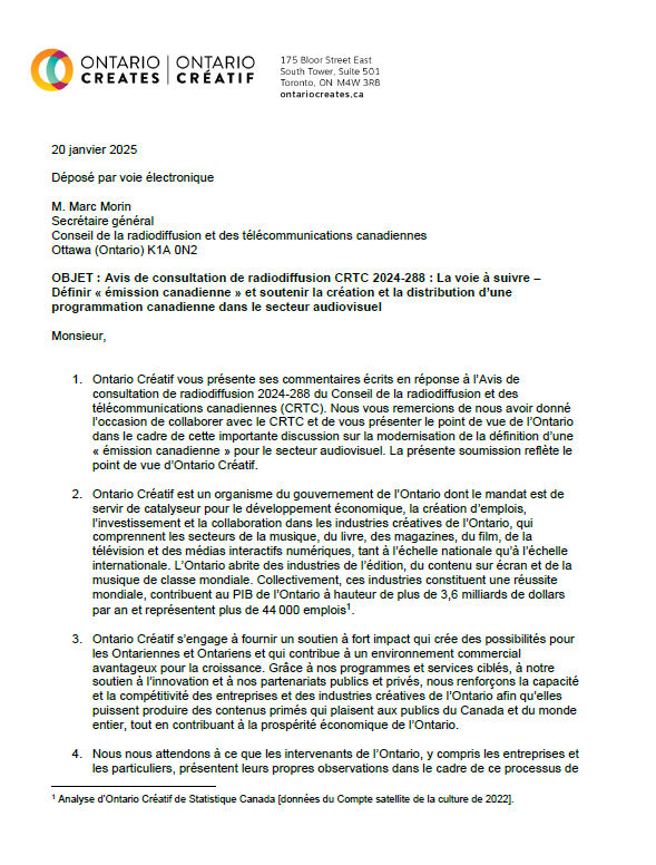 Soumission de Ontario Créatif  en réponse à l’avis de consultation de radiodiffusion CRTC 2024-288